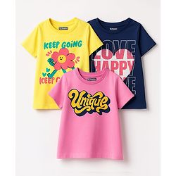 Pine Kids Cotton Knit Half Sleeves T-Shirt With Text Print Pack Of 3 - Yellow Navy Blue & Pink