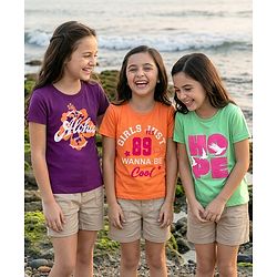 Pine Kids Cotton Knit Half Sleeves Text Printed T-Shirts Pack of 3 - Orange Violet & Green