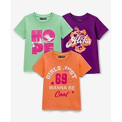 Pine Kids Cotton Knit Half Sleeves Text Printed T-Shirts Pack of 3 - Orange Violet & Green