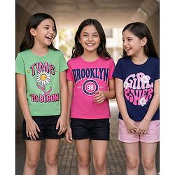 Pine Kids Cotton Knit Half Sleeves T-Shirts with Text Print Pack of 3 - Navy Blue Pink & Green