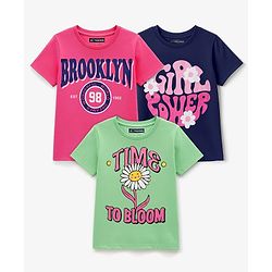 Pine Kids Cotton Knit Half Sleeves T-Shirts with Text Print Pack of 3 - Navy Blue Pink & Green