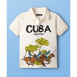 Pine Kids Cotton Knit Half sleeves Polo T-Shirt with Horse & Cuba Text Print - White