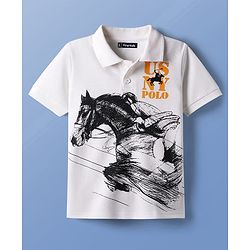 Pine Kids Cotton Knit Half Sleeves Polo T-Shirt with Polo Print - White