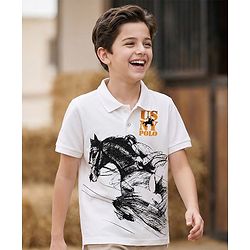 Pine Kids Cotton Knit Half Sleeves Polo T-Shirt with Polo Print - White