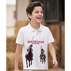 Pine Kids Cotton Knit Half Sleeves Polo T-Shirt with Polo Print - White
