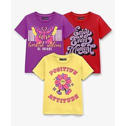 Pine Kids Cotton Knit Half Sleeves T-Shirts with Text Print Pack of 3 - Yellow Red & Purple