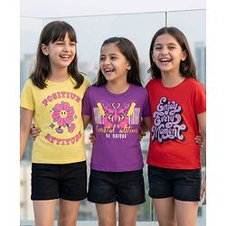 Pine Kids Cotton Knit Half Sleeves T-Shirts with Text Print Pack of 3 - Yellow Red & Purple