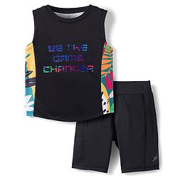 Pine Active Knit Sleeveless T-Shirt & Shorts Set with Be The Game Changer Text Print - Black