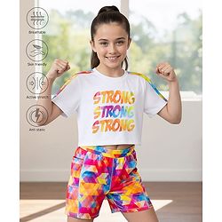 Pine Active Knit Half Sleeves T-Shirt & Shorts Set Text Print - White & Multicolor