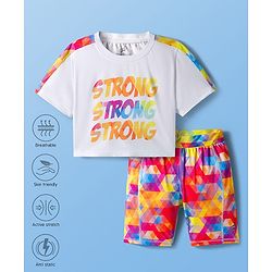 Pine Active Knit Half Sleeves T-Shirt & Shorts Set Text Print - White & Multicolor