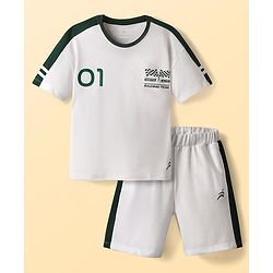 Pine Active Drop Shoulder Half Sleeves T-Shirt & Shorts Set with Racing Print - White