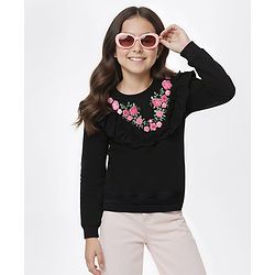 Pine Kids 100% Cotton Full Sleeves Floral Printed Sweatshirt With Frill Design - Black