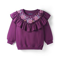 Pine Kids Cotton Knit Full Sleeves Sweatshirt With Floral Embroidery - Violet