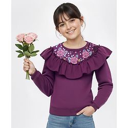 Pine Kids Cotton Knit Full Sleeves Sweatshirt With Floral Embroidery - Violet