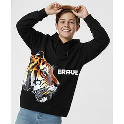 Pine Kids Cotton Knit Full Sleeves Hooded Sweatshirt With Tiger Print - Black