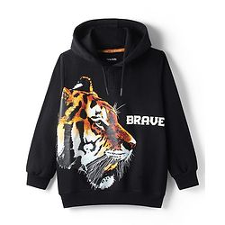 Pine Kids Cotton Knit Full Sleeves Hooded Sweatshirt With Tiger Print - Black