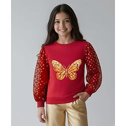 Pine Kids Cotton Knit Full Sleeves Sweatshirt with Sequin Detailing - Dark Red