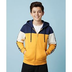Pine Kids Cotton Knit Full Sleeves Hooded Sweatjacket With Cut & Sew Design & Kangaroo Pockets - Gold & Navy Blue