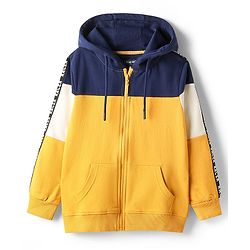 Pine Kids Cotton Knit Full Sleeves Hooded Sweatjacket With Cut & Sew Design & Kangaroo Pockets - Gold & Navy Blue