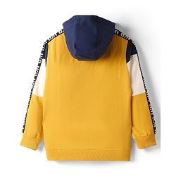 Pine Kids Cotton Knit Full Sleeves Hooded Sweatjacket With Cut & Sew Design & Kangaroo Pockets - Gold & Navy Blue