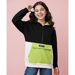 Pine Kids Cotton Knit Full Sleeves Hooded Sweatshirt With So What Print & Kangaroo Pockets - Black & Green
