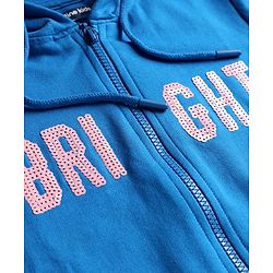 Pine Kids Cotton Knit Full Sleeves Hooded SweatJacket with Sequin Detailing - Blue