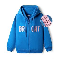 Pine Kids Cotton Knit Full Sleeves Hooded SweatJacket with Sequin Detailing - Blue