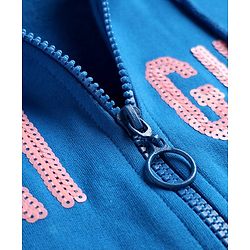 Pine Kids Cotton Knit Full Sleeves Hooded SweatJacket with Sequin Detailing - Blue