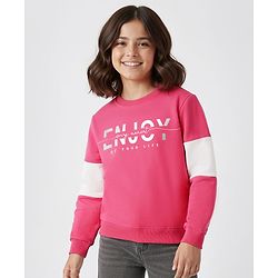 Pine Kids Cotton Knit Drop Shoulder Full Sleeves Sweatshirt With Text Print - Dark Pink