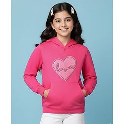 Pine Kids Cotton Knit Full Sleeves Hooded Sweatshirt with Sequin Heart Design & Kangaroo Pocket - Dark Pink
