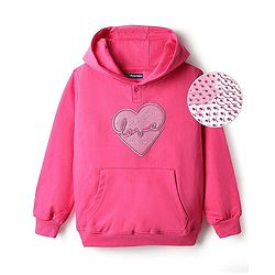 Pine Kids Cotton Knit Full Sleeves Hooded Sweatshirt with Sequin Heart Design & Kangaroo Pocket - Dark Pink