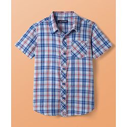 Pine Kids Cotton Woven Half Sleeves Checks Shirt With Printed T-Shirt - Blue & White