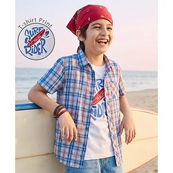 Pine Kids Cotton Woven Half Sleeves Checks Shirt With Printed T-Shirt - Blue & White
