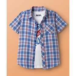 Pine Kids Cotton Woven Half Sleeves Checks Shirt With Printed T-Shirt - Blue & White