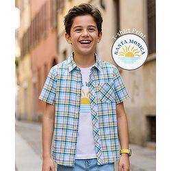 Pine Kids 100% Cotton Half Sleeves Checks Shirt With Text Printed Tank T-Shirt - Light Blue & White