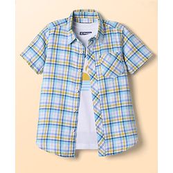 Pine Kids 100% Cotton Half Sleeves Checks Shirt With Text Printed Tank T-Shirt - Light Blue & White