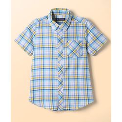 Pine Kids 100% Cotton Half Sleeves Checks Shirt With Text Printed Tank T-Shirt - Light Blue & White