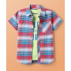 Pine Kids Cotton Woven Half Sleeves Checks Shirt With T-Shirt - Multicolour