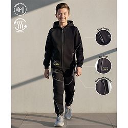 Pine Active Knit Full Sleeves Ultra Comfort Athleisure Jacket With Hoodie & Joggers Set - Black