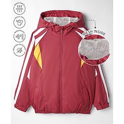 Pine Active Woven Full Raglan Sleeves Colour Block Ultra Comfort Lightweight Windbreaker Athleisure Hooded Jacket With Tape Detailing - Maroon