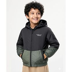 Pine Active Woven Full Sleeves Cut & Sew Ultra Comfort Athleisure Hooded Jacket With Text Print - Black & Green