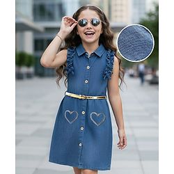 Pine Kids Cotton Woven Sleeveless Shirt Style Solid Dress with Frill Detailing Heart Patch & Belt - Blue
