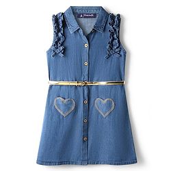 Pine Kids Cotton Woven Sleeveless Shirt Style Solid Dress with Frill Detailing Heart Patch & Belt - Blue
