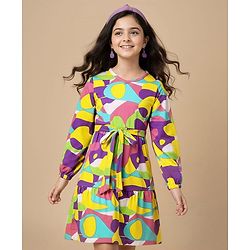 Pine Kids Cotton Knit Full Sleeves Frock With Abstract Print - Multicolour