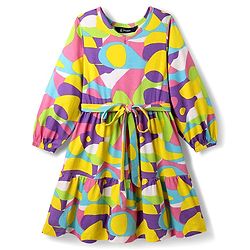 Pine Kids Cotton Knit Full Sleeves Frock With Abstract Print - Multicolour