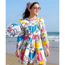 Pine Kids Cotton Knit Full Sleeves Frock With Floral Print & Frill Detailing - White