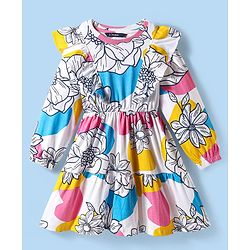 Pine Kids Cotton Knit Full Sleeves Frock With Floral Print & Frill Detailing - White