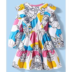 Pine Kids Cotton Knit Full Sleeves Frock With Floral Print & Frill Detailing - White
