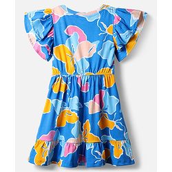 Pine Kids Cotton Knit Flutter Sleeves Frock With Floral Print - Blue