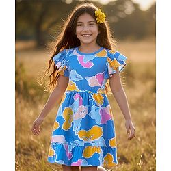 Pine Kids Cotton Knit Flutter Sleeves Frock With Floral Print - Blue